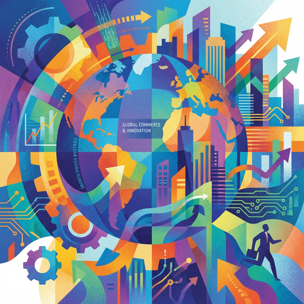 Abstract globe featuring text GLOBAL COMMERCE & INNOVATION surrounded by gears, skyscrapers, and growth symbols.