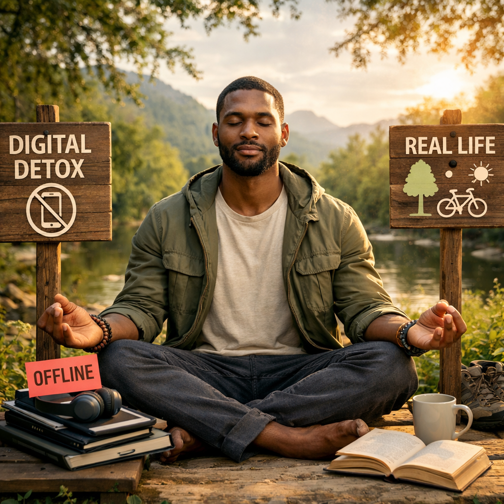 Man meditating outdoors near signs reading Digital Detox and Real Life