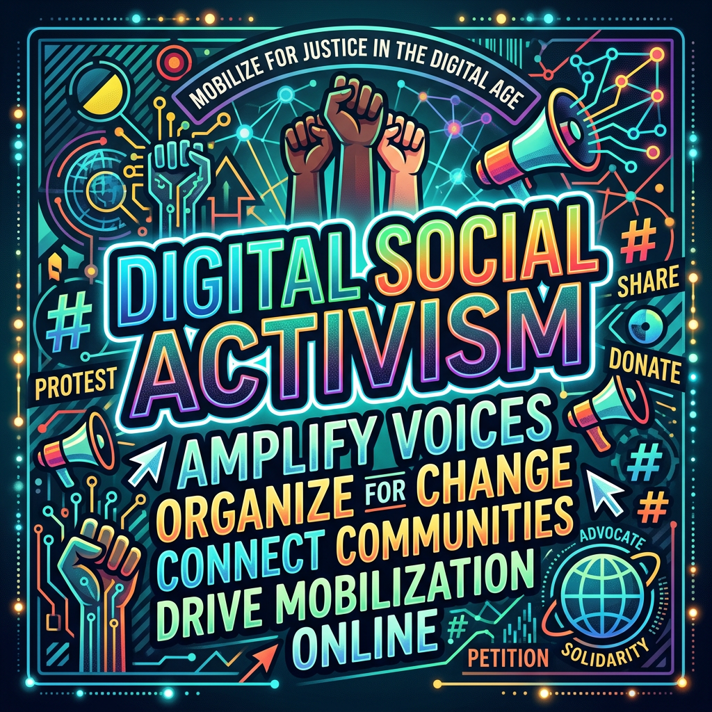 Digital social activism with raised fists, hashtags, megaphones, and calls to amplify voices, organize, connect, and mobilize online